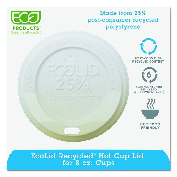 Eco-Products EP-HL8-WR EcoLid White 25% Recycled Polystyrene Lid, For 8oz Hot Cup (10 Packs of 100)