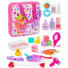 GAGAKU Baby Doll Accessories Bag - 23 Pcs Pretend Play Set with Feeding Bottle, Bathing & Changing Supplies, Storage Bag Included for Toddlers & Girls (3-6+ Years)