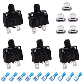 mxuteuk mxuteuk 5Pcs 12Amp Circuit Breakers Push Button Manual Reset 125/250V AC 32V DC,Overload Protector Switch Thermal Circuit Breakers with Quick Connect Terminals and Waterproof Button Caps ST1-5-12A