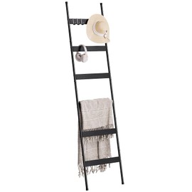 ELYKEN Blanket Ladder for Living Room, Farmhouse 6-Tier Quilt Holder with 4 Removable Hooks for Bathroom, Wood Towel Rack Display, Wall Anchor Leaning Decorative Stand for Home,Black