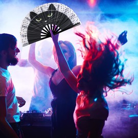 Large Folding Hand Fan for Line Dance, Men/Women Rave Hand Fan, Clack Popping Fans for Boots On The Ground Dance, EDM, Wedding, Party (Cat)