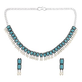 Efulgenz Choker Necklace Earrings Set Indian Jewelry Sets for Women Square Crystal Stone Necklace Sets with Faux Pearl Drop Dangle Earrings Bohemian Jewelry Set for Women, Copper, No Gemstone