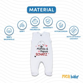 MEA BABY Unisex Baby Romper with Saying Mamas & Papas Schatz, 100% Cotton, White Baby Romper for Girls, Baby Romper for Boys, Boys.
