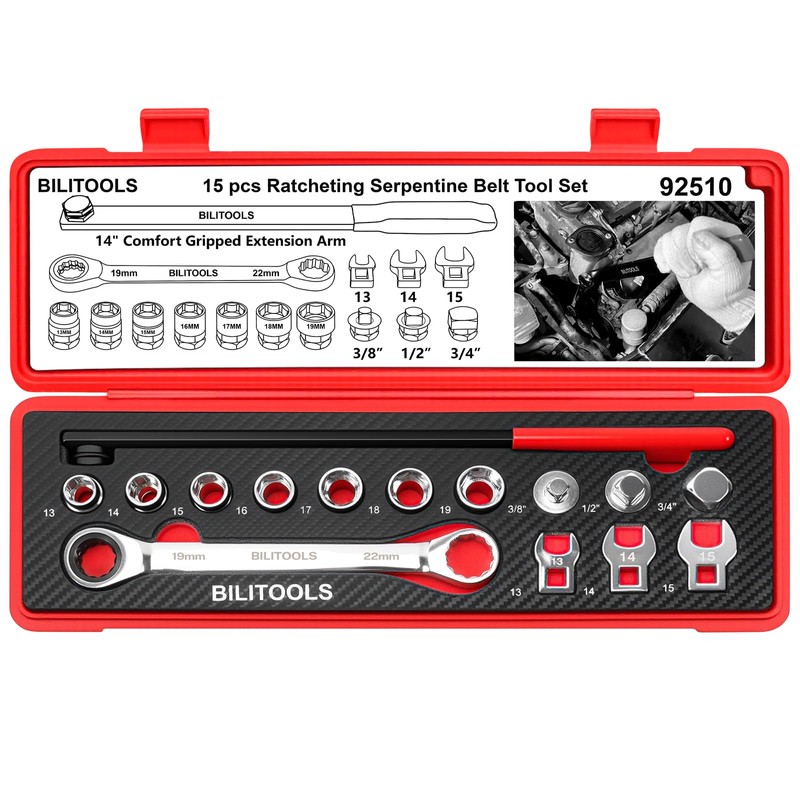 BILITOOLS 15-Piece Universal Serpentine Belt Tool Set, Ratcheting Serpentine Belt