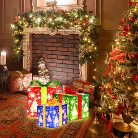 LAMPHOME 70 LED Christmas Set of 3 Lighted Gift Boxes Decorations,Warm White Lights with Flasher,Pathway Decorative Boxes, Christmas Tree Skirt Ornament for Garden,Holiday,Party,Christmas