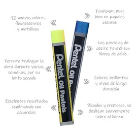 Pentel Arts Pasteles de Aceite/Gises Pastel, Colores Metálicos y Fluorescentes, Estuche con 12 Piezas, PHN-MF12