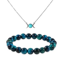 Soulnioi Triple Moon Goddess Pendant Necklace Dainty Choker Chain Necklace Moon Stone Necklace for Women (Turquoise), Natural Crystal Stone Round 6-8mm Beaded Bracelet (Blue Tiger's Eye)