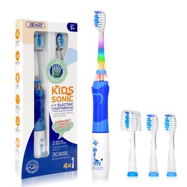 SEAGO Kids Electric Toothbrush with 2 Mins Brushing Timer and 4 Replacement Bursh Heads, Rainbow LED Light Make Brushing Fun, Blue Color Boys Battery Powerd Toothbrush for 4-12 Years Old，SG-977