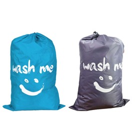 2 Pack Extra Large Wash Me Travel Laundry Bag, Rips & Tears Resistant Large Dirty Clothes Storage Bag, Machine Washable Heavy Duty Laundry Hamper Liner (Sky Blue+Gray, 28x40 inches)