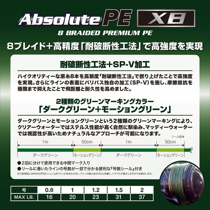 VARIVAS Absolute PE X8, 492.1 ft (150 m), Green Marking