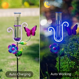 Stargarden Rain Gauge Outdoor, Solar Powered Rain Gauge, 7" Tube Butterfly Rain Measure Tool with Metal Stake, Decorative Rain Measure Gauge for Yard, Lawn, Garden