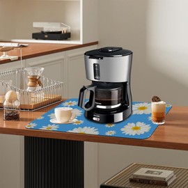 Kitchen Mat White Daisy Flowers Dish Drying Mat 16"x24" Bsorbent Coffee Maker Mat for Sink Dishes or Under Rack Kitchen Counter Accessories Absorbent Hide Stain Rubber Backed Dish Drying Pad