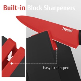 hecef 13 Pieces Kitchen Knife Set with Built-in Sharpening Wooden Block, Dishwasher Safe, High Carbon Stainless Steel Knife Block Set with Steak Knives, Kitchen Scissors, Red