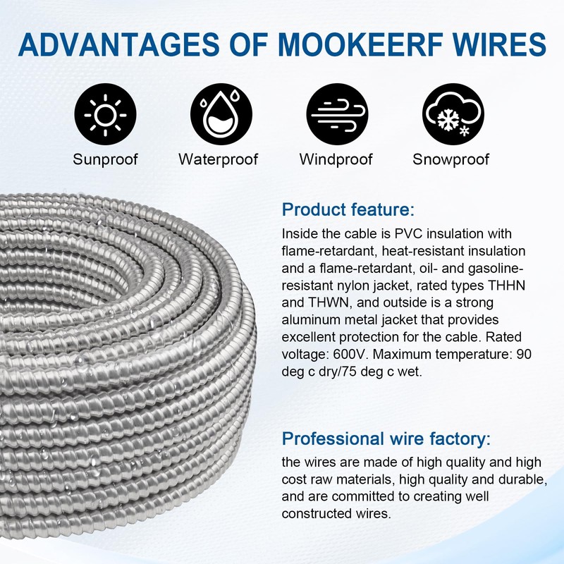 8/2 MC Cable with Ground - 10FT Pure Copper 8AWG/2