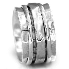 Boho-Magic 925 Sterling Silver Spinner Ring for Women Hammered Wide Fidget Ring Band, Sterling Silver