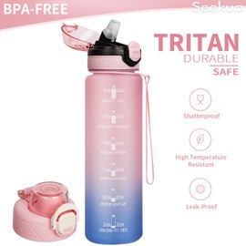 Seekua Sports Tritan Water Bottle with Straw & Time Marker, Motivational Daily Drinking Water Bottle with Strap for Bike, Running, Walking, Travel, 2 Lids, 32 oz