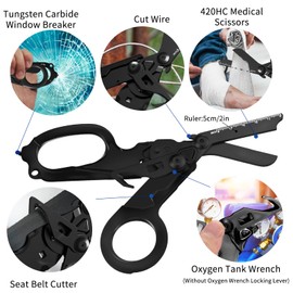 6 in 1 Multi-function Trauma Shears with Strap Cutter and Glass Breaker, with Holster,Stainless Steel Foldable Trauma Shears For Outdoor Camping Emergency Tool (Full Black)