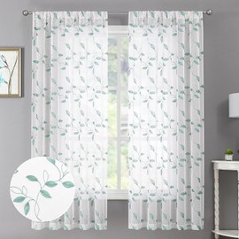 Tollpiz - Cortinas traslúcidas de hojas azules verde azulado con bordado de hojas para recámara, cortina corta con bolsillo para barra de gasa para sala de estar, 38 x 54 pulgadas de largo, juego de 2