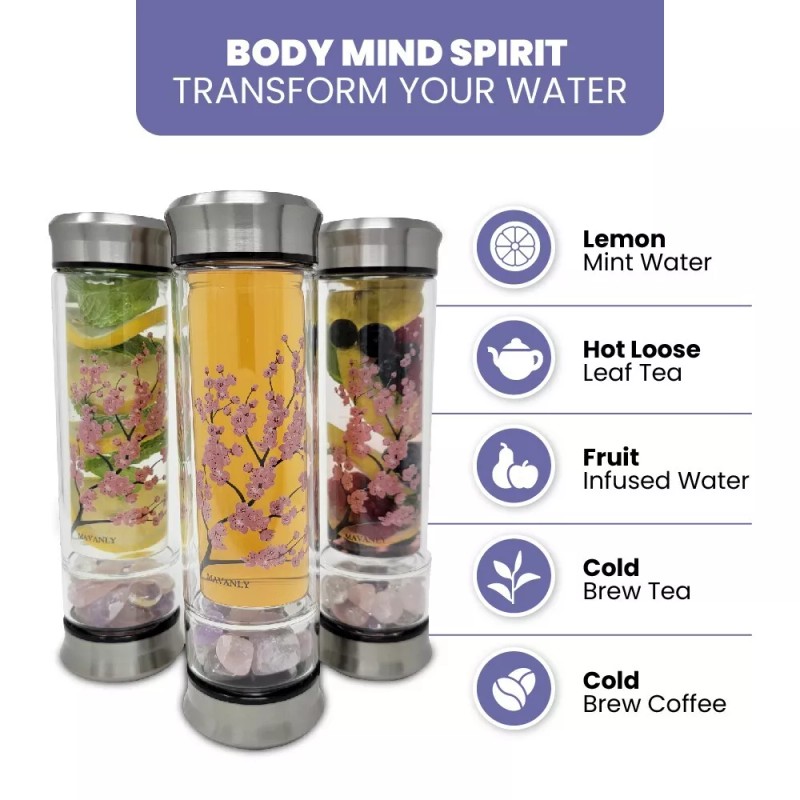 MAVANLY CHERRY BLOSSOM Double-Walled Glass Crystal Water Bottle with Crystals