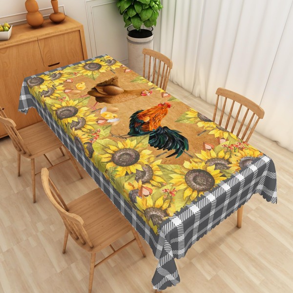 SIEDYCV Sunflower Rooster Tablecloth 52x70 Inch Rustic Roosters Hens Chicks