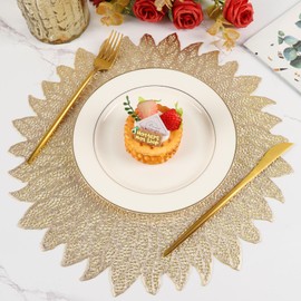 Round Placemats 15 inch Gold Vinyl Metallic Hollow Out Table Mats Set of 6 Washable Heat Resistant Farmhouse Place Mats for Dinner Wedding Party Table Kitchen Decor