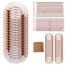 Hair Accessories Set-20pcs Invisible Elastic Mesh Hair Nets 50pcs U-shaped Pins 50pcs Bobby Pins 100pcs Elastic Rubber Bands 5pcs Hair Ties for Dance Competitions,Light Brown 12inch