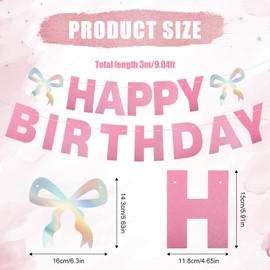 Bow Happy Birthday Banner, Pink Bow Birthday Banner Glitter Cardboard Pink Pre-Assembled Happy Birthday Banner Girly Birthday Decorations
