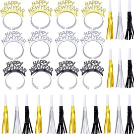 LCPQMZGH 30 Pcs New Year Eve Party Supplies 2025, 12 Happy New Year Headbands, 18 Metallic Fringed Noise Makers for 2025 New Years Party Favor Supplies, Gold, Silver, Black