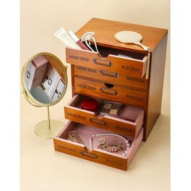 QWORK Vintage Wooden Home Office Desk Organizer with 5 Drawers - Rustic Desktop Storage Box for Jewelry, Cosmetics, Craft Paper & More