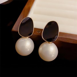 Forrylin Pearl Drop Earrings for Women with Silver Post, Geometric Pearl Dangle Earring Retro Statement Pearl Dangle Drop Earrings (Black)
