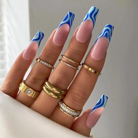 BABALAL Blue Press on Nails Long Coffin Fake Nails French Tip Glue ons Nails Swirl Design Acrylic Nails 24Pcs Ballerina False Nails