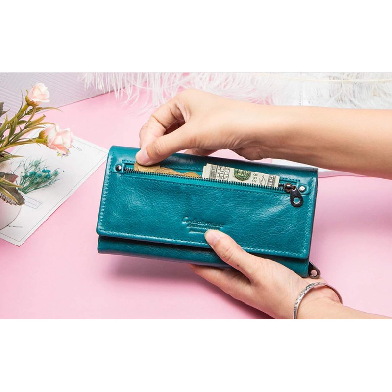 CONTACTS Genuine Leather Women Wallet RFID and Multifunctional Slim Bifold