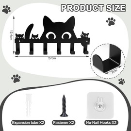 mongtsamz Schlüsselablage Katze mit 6 Haken, Schlüsselhaken Selbstklebend, Tiere Schlüsselbrett Wand, Eisenkunst Schlüsselhalter Wanddeko Geeignet für Deko Flursch Wohnung(Schwarz, 27 * 13.4cm)