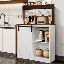 Decomax Farmhouse Coffee Bar Cabinet with Sliding Barn Door - Sideboard Buffet Kitchen Wine Bar Hutch Cabinet with Storage, Coffee Station Table w/6 Hooks and Adjustable Shelves for Living Dining Room