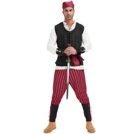 MALINRSSE 6 Pcs Men's Renaissance Pirate Costome Set Medieval Shirt Vest Banded Pants Viking Belt Headscarf Accessories