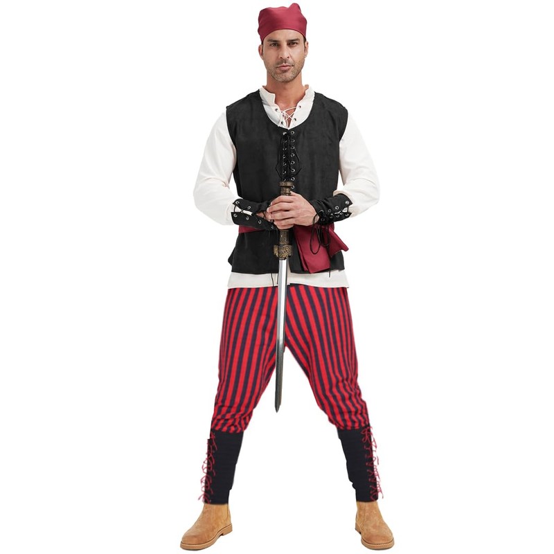 MALINRSSE 6 Pcs Men's Renaissance Pirate Costome Set Medieval Shirt
