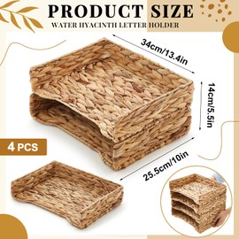 Yeaqee 4 Pcs Water Hyacinth Letter Tray Stackable Natural Woven Paper Organizer A4 File Storage Basket Letter Size Desk Documents Tray Magazine Holder for Office Paper Organizer and Storage