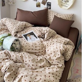 Brown Heart Duvet Cover Queen Size Cute Love Pattern Bedding Set Kawaii Mocha Mousse Heart-Shaped Comforter Cover with Zipper Closure Reversible Soft Breathable Microfiber
