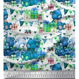 Soimoi Blue Heavy Canvas Fabric Teddy Bear,Gift Box & Celebration Flag Party Decor Fabric Printed BTY 58 Inch Wide