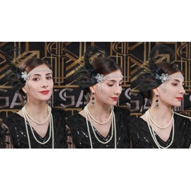 Cizoe 1920s Great Gatsby Accessories Set for Women, Flapper Headband Headpiece Roaring 20s Flapper Girl Costume Accessories Set(black)