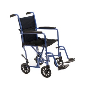 19” Aluminum Transport Wheelchairs for Adults, Foldable and Lightweight - Blue Transfer Wheel Chair for Seniors - Nylon Seat, Padded Armrests, and Swing Away Footrests