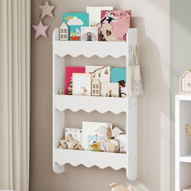 MAHANCRIS 3-Tier Kids Bookshelf, Wall Mounted Book and Toy Storage Rack, Wooden Storage Book Rack for Kids, Wall Book Shelf Organizer, for Kids Room, Playroom, Bedroom, Nursery, White KBWT8701