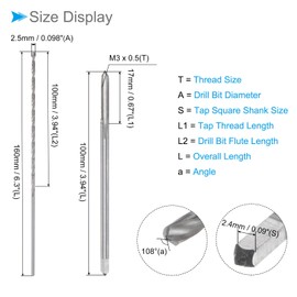 CoCud Tap and Drill Bit Set M3 x 0.5 Thread 100 mm Length Tap 2.5 mm Drill Bit Metric Extra Long Machine Screw Rotary Drill Kit - (for Tapping) 1 Set