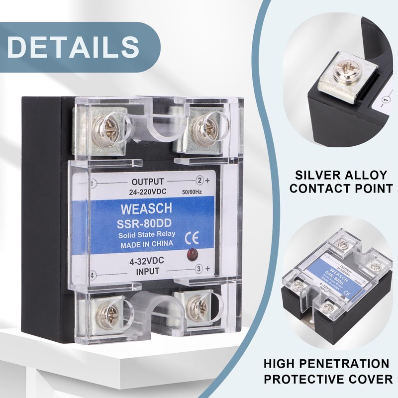 Weasch 2Pcs Single Phase Solid State Relay, SSR-80DD, DC to