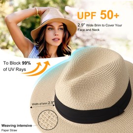 DRESHOW Women Straw Sun Hat Short Brim Panama Travel Fedora Beach Cap Roll Up Summer Hat for Men UPF 50+