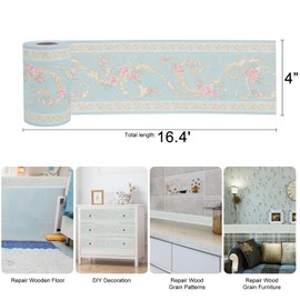 KOBFUN 4" X16.4' Size Decorate Repair Tape, Self Adhesive Wood Grain Repair Patch for Tables, Chairs, Baseboards, Doors, Windows, Floors, Furniture Renovation, Handicraft DIY. Green Flowers