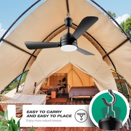 lbvuer Small Ceiling Fans with Lights,28" Plug in Ceiling Fan Light,LED Fan Light Hanging with Hook,Portable Ceiling Fan,35W,3000-6500k,Remote Control,Hook Type Fan for Camping Bed,Patios(Black)
