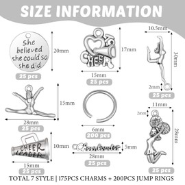 175 Pcs Cheerleader Charms Pendants Gymnastics Charm Sports Charm with 200 Pcs Jump Rings for Crafting Jewelry Findings Making Accessory for DIY Necklace Bracelet