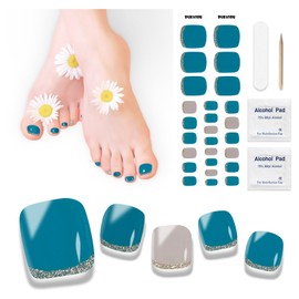 DUKASOU Semi Cured Gel Toenail Strips, 26 PCS Gel Toenail Stickers for Any UV Lamps(Not Included), Gel Pedicure Strips for Women, Long Lasting Gel Nail Wraps(Ocean Green French)
