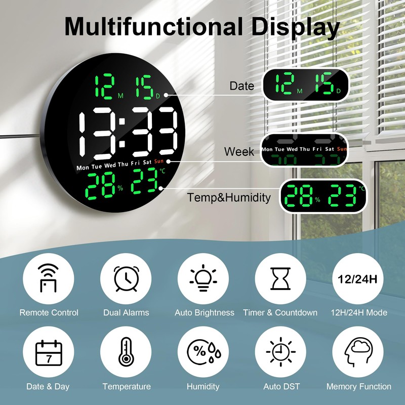 Lafocuse 25 cm Wall Clock Digital LED Large Round Electronic